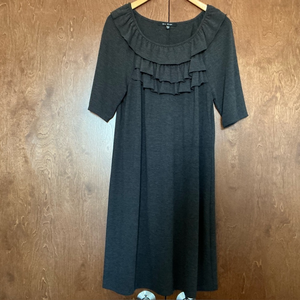 Blu Sage Ruffle Front Midi Dress Scoop Neck A-Line Size 12 Charcoal Gray